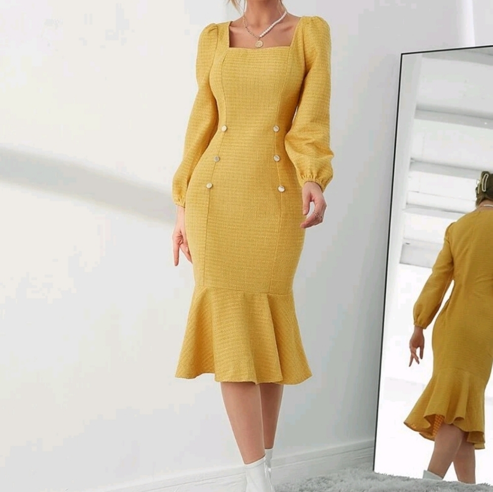 Yellow Tweed Square Neck Puff Sleeve Mermaid Dress (Brand-New)